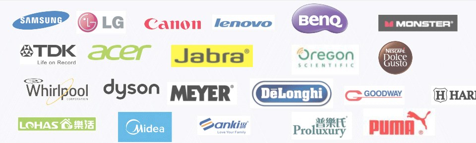 代理品牌:SAMSUNG、LG、Canon、lenovo、BenQ、MONSTER、TDK、acer、Jabra、Oregon、Dolce Gusto、Whirlpool、dyson、MEYER、DeLonghi、GOODWAY、LOHAS、Midea、anki、Proluxury、PUMA