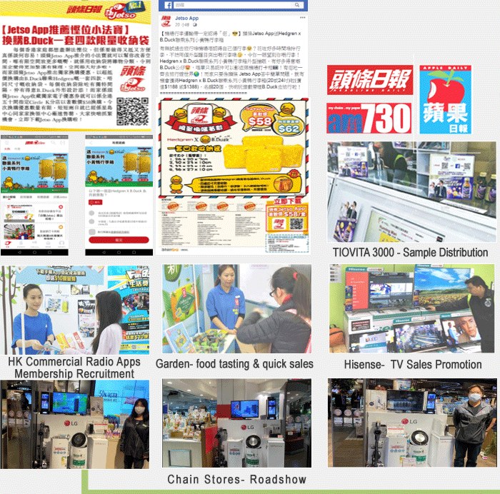 Promotion cases: Headline Daily Jetso App, TIOVITA 3000, HK Commercial Radio, Garden, Hisense, chain store roadshows