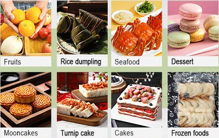 Frozen foods: fruits, rice dumplings, seafood, dessert, mooncakes, turnip cake, cakes, frozen foods